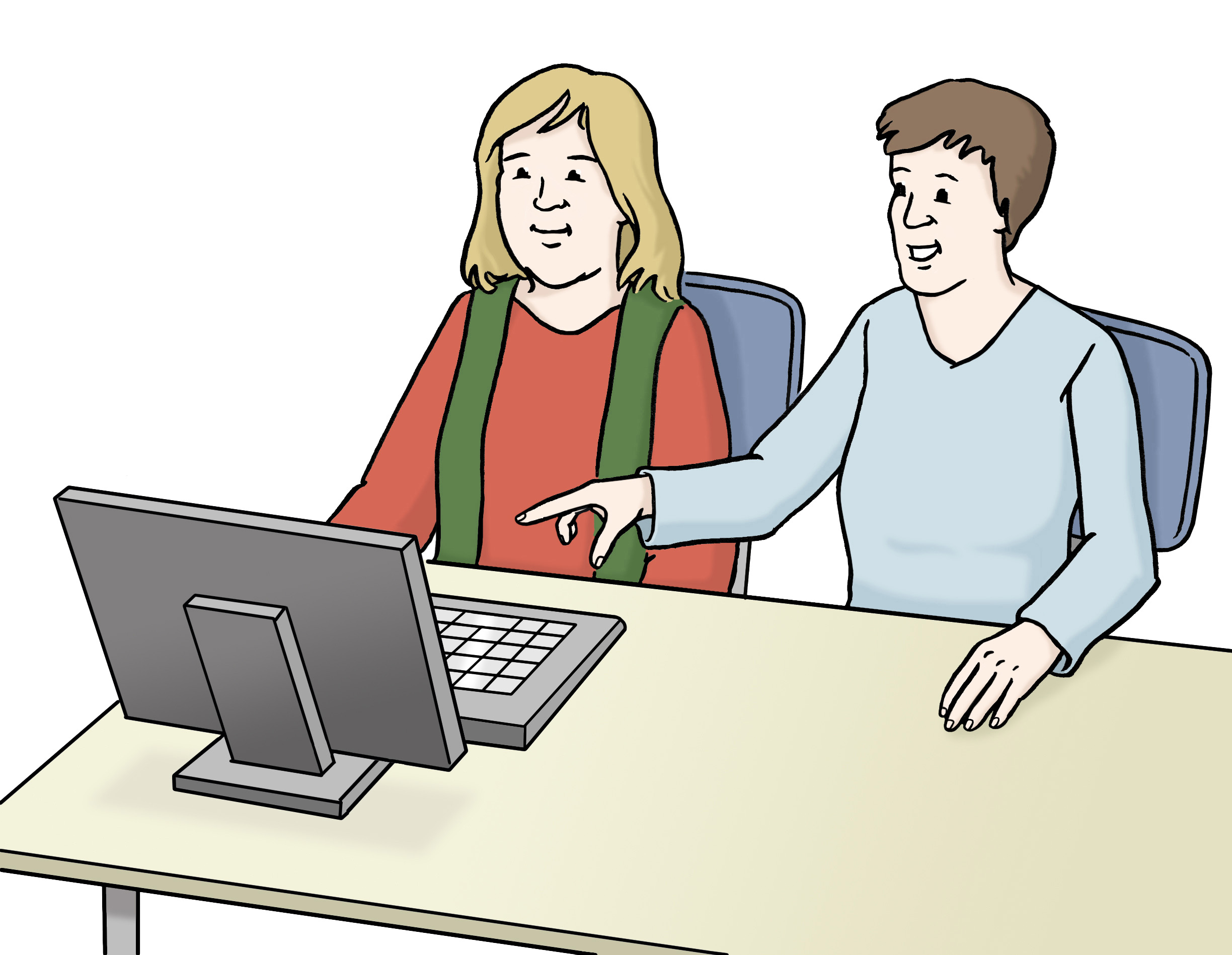 Illustration von zwei Menschen vor einem PC